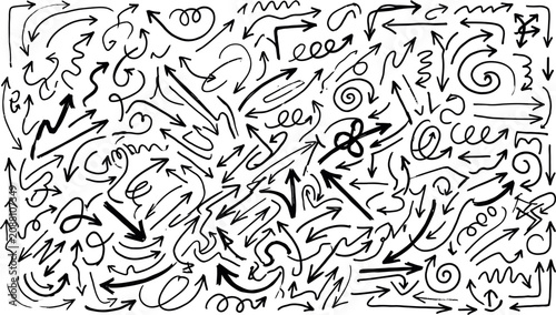 Hand drawn arrows in various directions and styles on white background