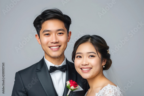 Elegant Portrait of Happy Bride and Groom Smiling Together Against Neutral Background in Wedding Attire for Romantic Celebration