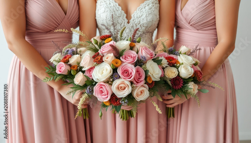 Elegant bridesmaids holding vibrant flower bouquets in soft pink dresses against a neutral background, showcasing a beautiful wedding moment