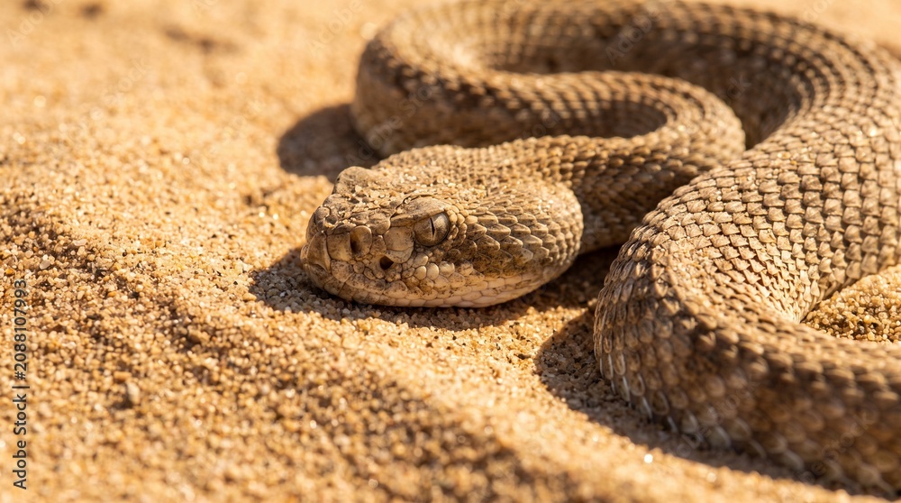 Obraz premium Macro close up of a venomous desert rattlesnake resting on sand, reptile, viper, wildlife, nature