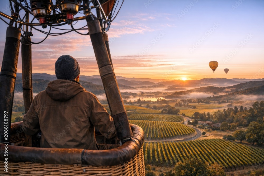 Fototapeta premium A person enjoying a ride in a hot air balloon above a lush vineyard, with rolling hills and greenery