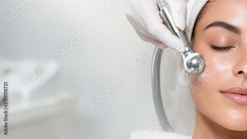Young woman receiving professional facial skin care treatment with modern beauty device on face