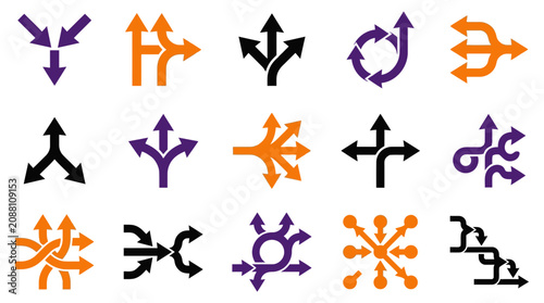 Collection of complex branching and pathfinding arrow icons with direction branching navigation junction decision