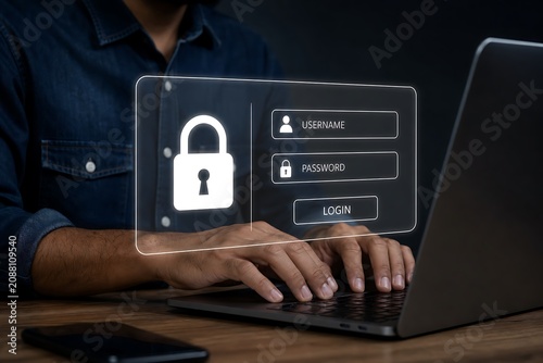 Hands typing on laptop with holographic security login interface overlay