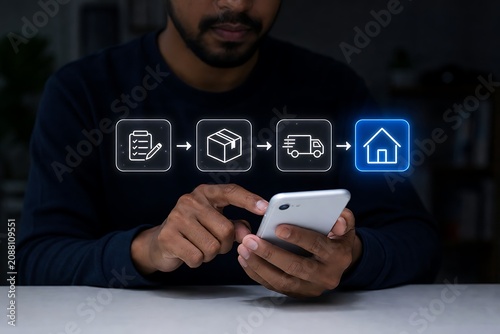 Man using smartphone with supply chain and logistics icons floating above
