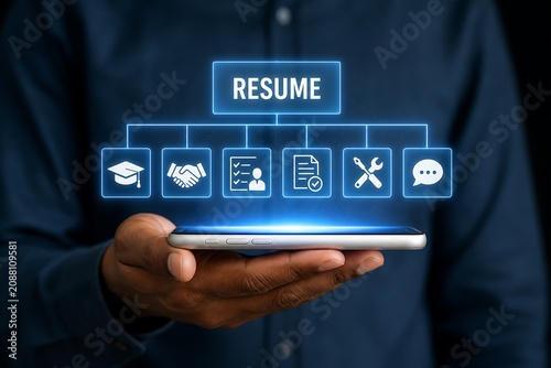 Professional holding tablet with glowing resume and career icons on screen