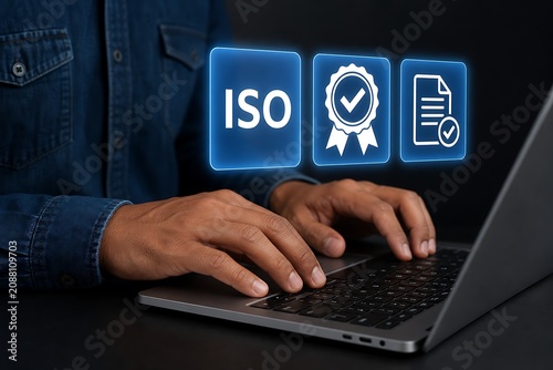 Business professional typing on laptop with iso certification icons floating above