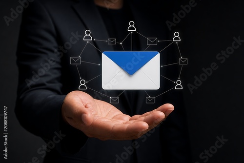 Businessman holding glowing blue email icon with digital network connections