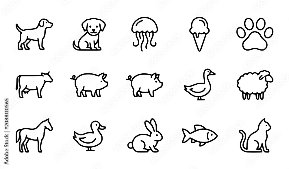 Obraz premium Farm and Marine Animal Outline Icon Set with Dog Cow Pig Horse Jellyfish Goose Chicken Collection