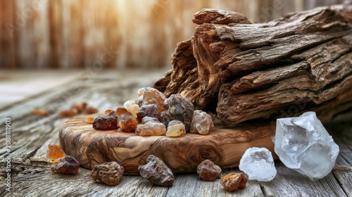 Natural Frankincense Resin Tears on Rustic Wooden Surface with Wood and Crystal Elements