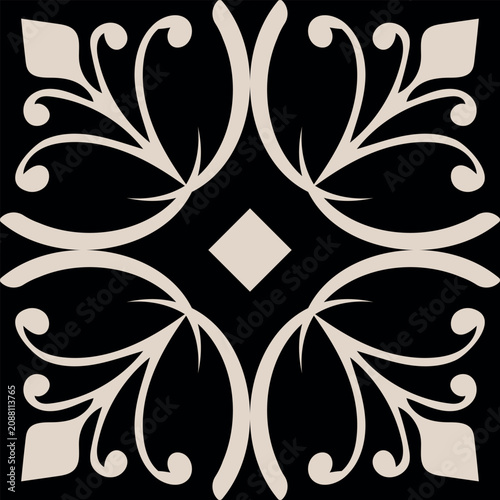 Seamless Gothic black and cream luxury ceramic tile pattern with vector baroque scrolls and fleur-de-lis motifs on black background for elegant luxury bathroom and kitchen interior wallpapers