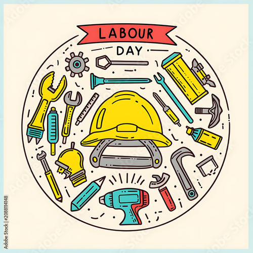 Playful kawaii doodle art style labor day illustration, circular tool composition, cute construction background, friendly repair service banner