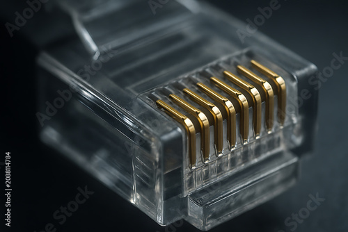 Close up of an Ethernet connector with gold contacts