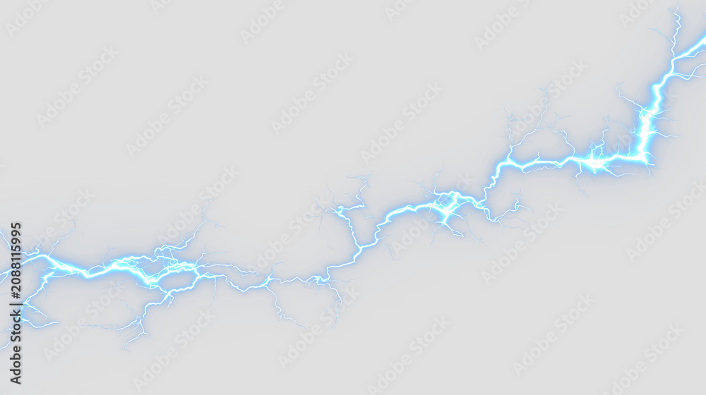 Fototapeta premium Electric blue lightning bolt on transparent background showing branching patterns in various directions