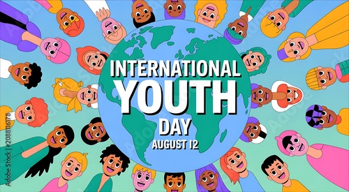 International youth day poster with diverse youths around the globe