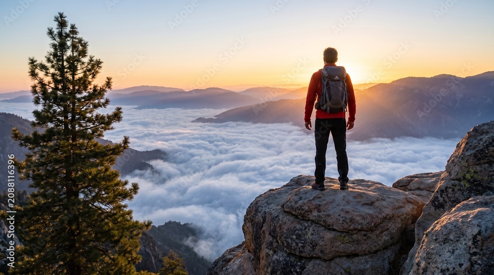 Fototapeta premium Man standing on mountain peak at sunrise with backpack with sunrise overlooking sea, standing rocky, exploration, mountainous, inspiration, tranquility