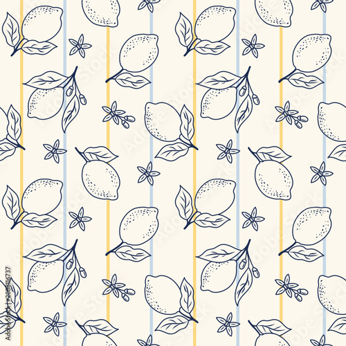 Lemon seamless pattern with blue line art citrus fruits and flowers on striped background. Hand drawn mediterranean style vector illustration for textile, wallpaper and wrapping paper.