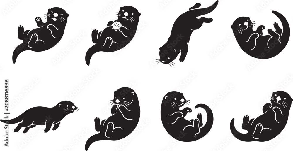 Fototapeta premium Seal, animal, black, icons, set of 8, vector graphics, wildlife, marine, mammal isolated on Transparent Background