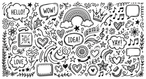 Hand drawn doodle set with rainbow speech bubbles musical notes and positive affirmations