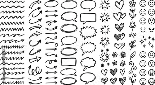 Hand drawn doodle elements and speech bubbles on white background