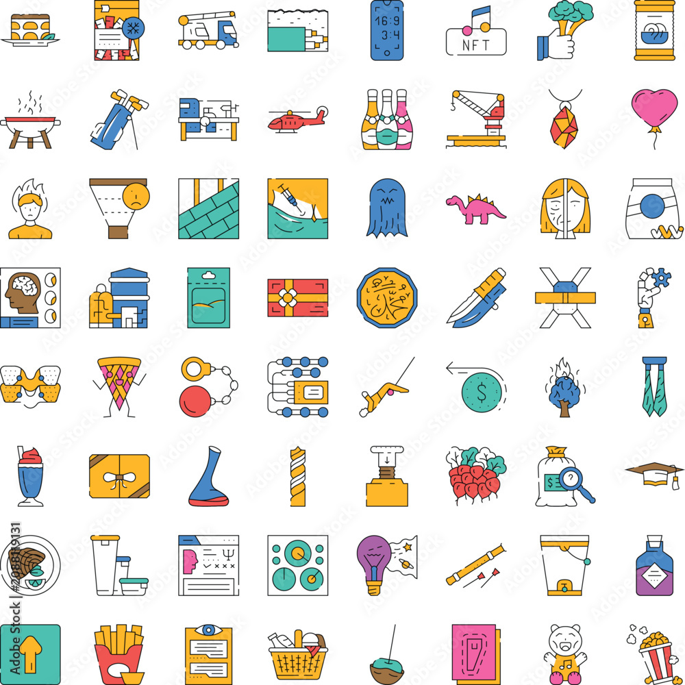 Fototapeta premium Colorful collection of vector line icons showing a wide variety of objects, activities, concepts and ui elements for web, mobile and digital design projects