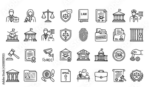 Schilderij op canvas Modern Thin Line Court and Justice Icons Collection Editable Legal Outline Vecto