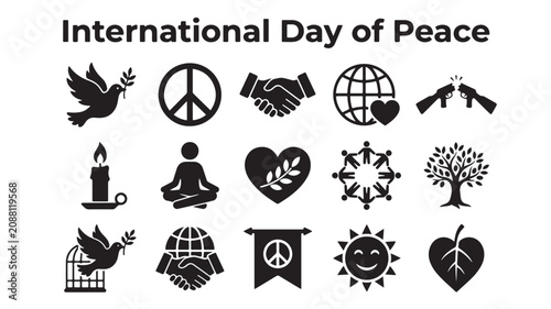 International Day of Peace icon set, 15 black vector symbols for global harmony, pacifism and anti-war concepts, minimalist flat EPS elements