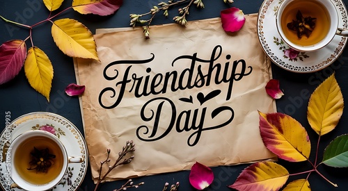 Friendship day celebration with tea and autumn leaves flat lay