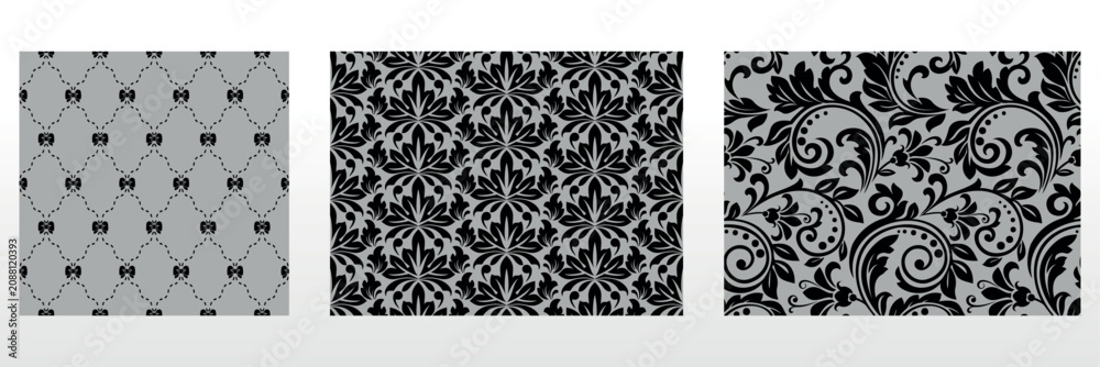 Fototapeta premium Geometric floral set of seamless patterns. Gray and black vector backgrounds. Damask graphic ornaments