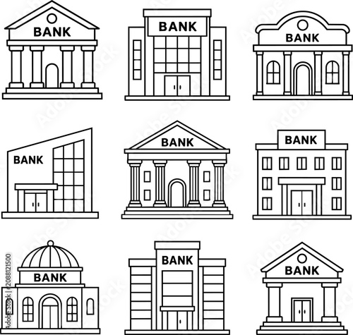 A collection of black and white line art vector icons depicting various bank buildings in different architectural styles.