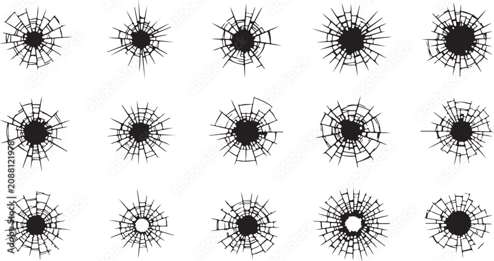 Obraz premium Bullet Hole, Glass Crack, Wall Crack & Fire Flame Vector Set Impact Damage Silhouette Collection