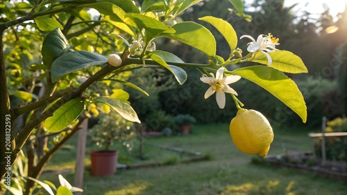Organic Lemon Tree Loaded with Fresh Citrus Fruits and Fragrant White Flowers