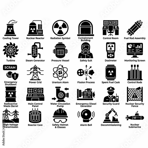 Collection of black glyph icons representing various components, processes, and safety measures within nuclear power generation and related industries.
