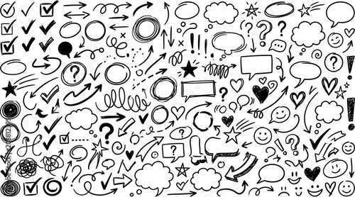 Hand drawn doodle icons set with arrows speech bubbles and smiley faces for presentations and infographics