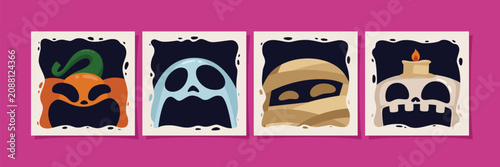 Halloween character faces illustration set featuring a pumpkin, ghost, mummy, and skull framed with a decorative border on a magenta background ideal for seasonal posters or social media graphics.