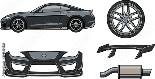 Tableau sur toile Sports Car Tuning and Custom Modification Vector Set Featuring Carbon Fiber Bump