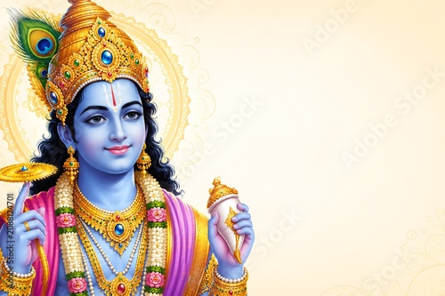 Lord Vishnu on Vaikunth Ekadashi, Krishna/Krushna Janmashtami, Ram Navami, Narsimha Jayanti, Onam, Ekadashi Vrat, Ananta Chaturdashi, Tulasi Vivah, Nirjala Ekadashi, Varah Jayanti, Aashadhi Ekadashi