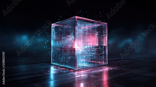 Glass holographic database cube cracked open with luminous data streams escaping into cyberspace, digital breach concept, premium futuristic