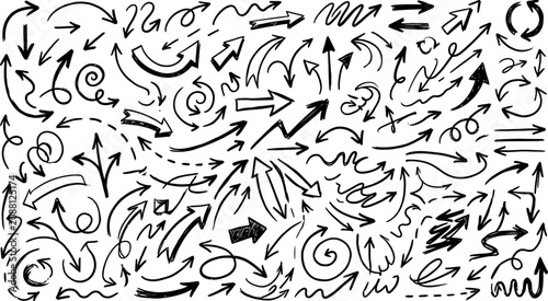 Hand drawn arrows in various styles and directions on white background