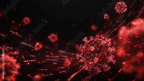 Glowing wireframe computer virus made of red neon polygons and flowing code fragments, floating in a dark cyberspace filled with binary particles