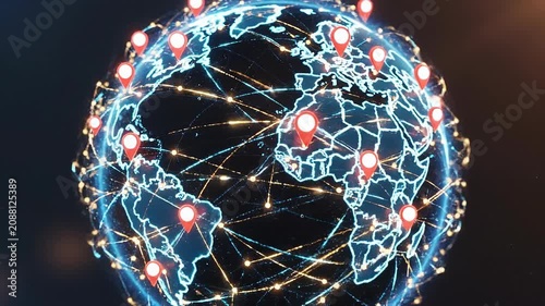 Global network connections with location markers on glowing digital world map for technology and communication