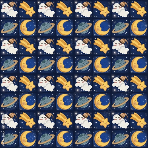 Seamless Night Sky Pattern with Moon, Stars, Clouds and Planets, Cute Celestial Background