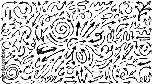 Hand drawn arrows in various directions and shapes on white background