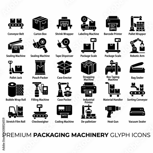 A comprehensive set of black glyph icons illustrating various packaging machinery and industrial equipment used in manufacturing and logistics.