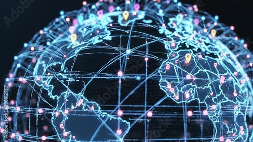 Digital global network with glowing connections and location markers on a high tech world map