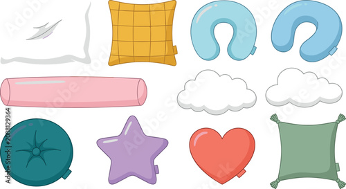 Tableau sur toile Inflatable pillow and cushion vector collection featuring travel neck pillow, cl