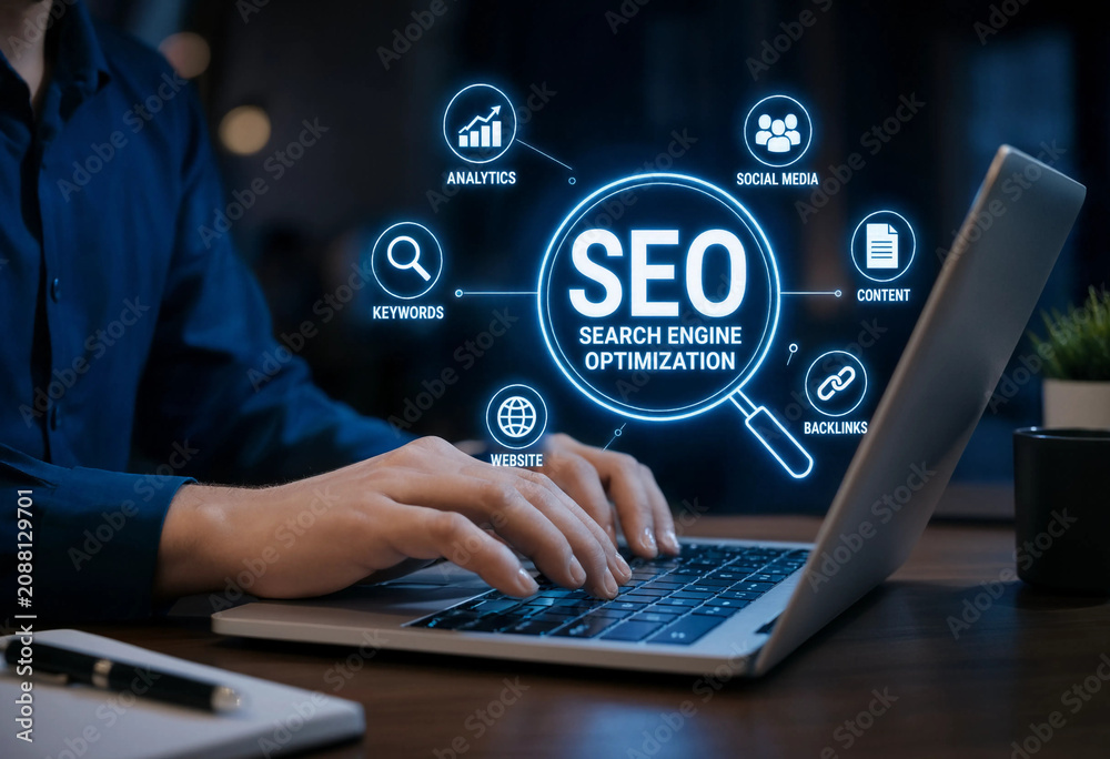 Fototapeta premium Hands Typing on Laptop with SEO Optimization Hologram Icons Overlay in Dark Office Setting