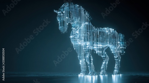 Transparent holographic Trojan horse constructed from glowing circuit lines and malicious code streams, dark cyber background, malware attack