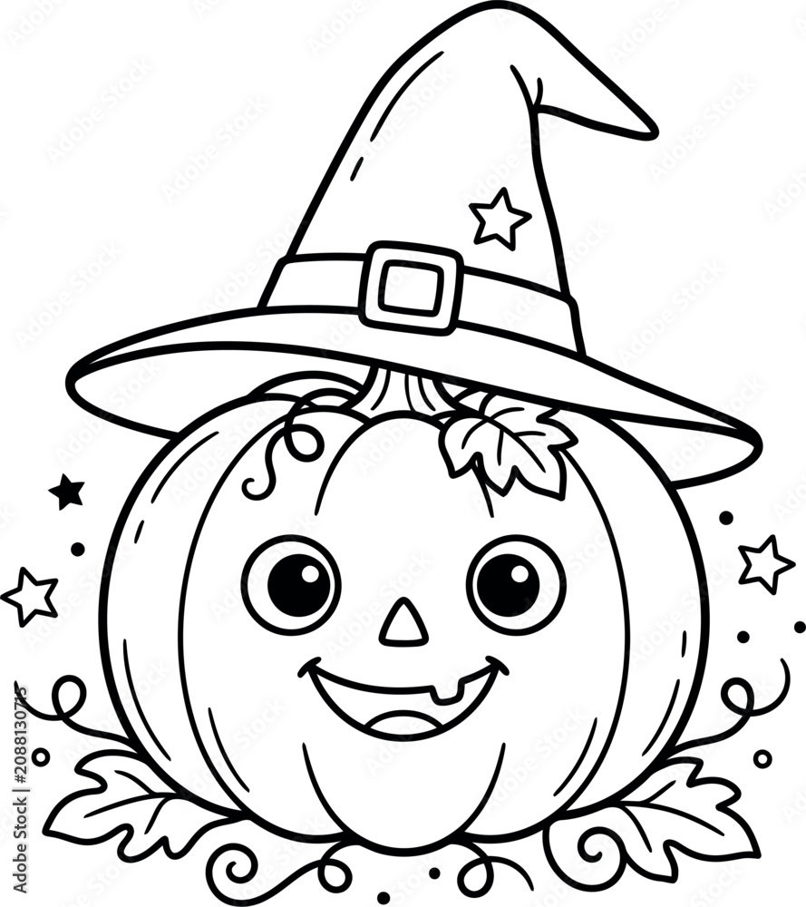Obraz premium Halloween color page cute pumpkin witch illustration for kids coloring activity