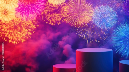 Festive fireworks backdrop with two cylindrical podiums for product display.